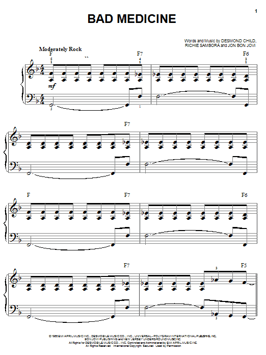 Preview Bon Jovi Bad Medicine Pop sheet music, notes and chords for Easy Piano, SKU: 19977 sheet music, piano notes, chords, guitar tabs, score, transpose, transcribe, how to play, guide, download, learn, tutorial, progression, song, artist, awards, billboard, mtv, vh1, tour, single, album, release