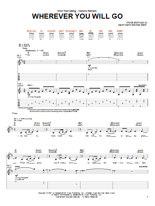 Preview The Calling Wherever You Will Go Rock sheet music, notes and chords for Guitar Tab, SKU: 19983 sheet music, piano notes, chords, guitar tabs, score, transpose, transcribe, how to play, guide, download, learn, tutorial, progression, song, artist, awards, billboard, mtv, vh1, tour, single, album, release