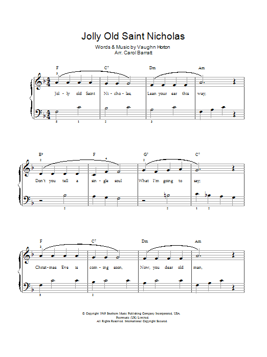 Learn to play Christmas Carol Jolly Old St. Nicholas sheet music for Piano & Vocal in minutes. Price: 6.9900$ Christmas Carol Jolly Old St. Nicholas sheet music notes and chords arranged for Piano & Vocal