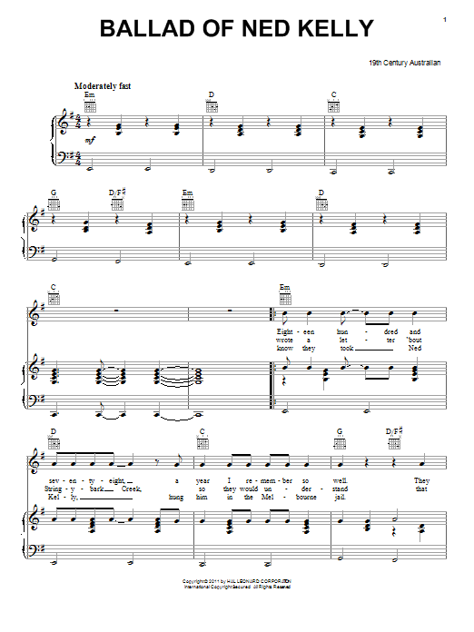 Learn to play Australian Folksong Ballad Of Ned Kelly sheet music for Easy Lead Sheet / Fake Book in minutes. Price: 5.9900$ Australian Folksong Ballad Of Ned Kelly sheet music notes and chords arranged for Easy Lead Sheet / Fake Book