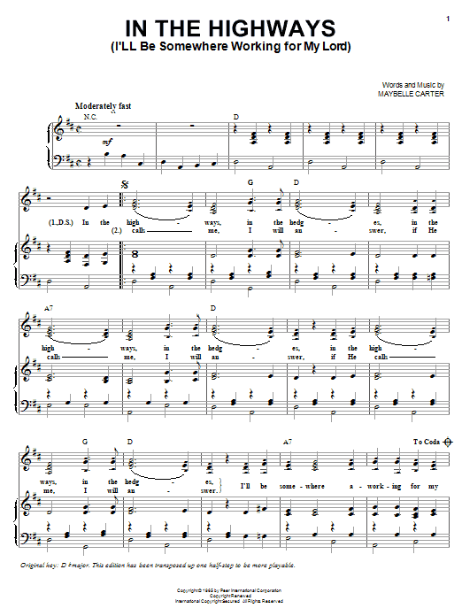 Preview Maybelle Carter In The Highways (I'll Be Somewhere Working For My Lord) Country sheet music, notes and chords for Piano, Vocal & Guitar (Right-Hand Melody), SKU: 20001 sheet music, piano notes, chords, guitar tabs, score, transpose, transcribe, how to play, guide, download, learn, tutorial, progression, song, artist, awards, billboard, mtv, vh1, tour, single, album, release