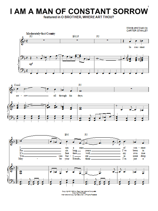 Preview The Soggy Bottom Boys I Am A Man Of Constant Sorrow Country sheet music, notes and chords for Piano, Vocal & Guitar (Right-Hand Melody), SKU: 20002 sheet music, piano notes, chords, guitar tabs, score, transpose, transcribe, how to play, guide, download, learn, tutorial, progression, song, artist, awards, billboard, mtv, vh1, tour, single, album, release