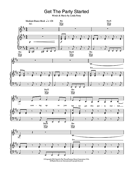 Preview Pink Get The Party Started Pop sheet music, notes and chords for Piano, Vocal & Guitar, SKU: 20014 sheet music, piano notes, chords, guitar tabs, score, transpose, transcribe, how to play, guide, download, learn, tutorial, progression, song, artist, awards, billboard, mtv, vh1, tour, single, album, release