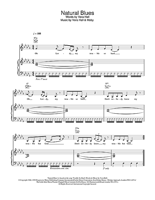 Preview Moby Natural Blues Pop sheet music, notes and chords for Piano & Vocal, SKU: 20016 sheet music, piano notes, chords, guitar tabs, score, transpose, transcribe, how to play, guide, download, learn, tutorial, progression, song, artist, awards, billboard, mtv, vh1, tour, single, album, release