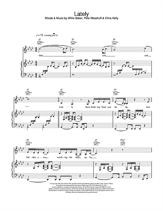 Preview Samantha Mumba Lately R & B sheet music, notes and chords for Piano, Vocal & Guitar, SKU: 20027 sheet music, piano notes, chords, guitar tabs, score, transpose, transcribe, how to play, guide, download, learn, tutorial, progression, song, artist, awards, billboard, mtv, vh1, tour, single, album, release