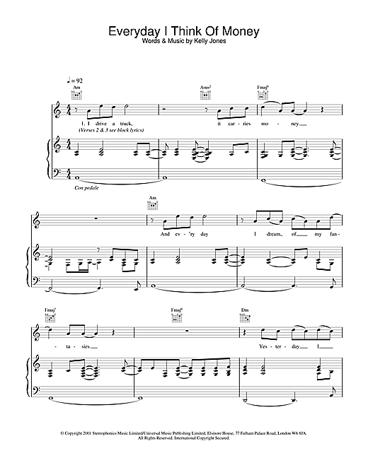 Preview Stereophonics Everyday I Think Of Money Rock sheet music, notes and chords for Piano, Vocal & Guitar, SKU: 20038 sheet music, piano notes, chords, guitar tabs, score, transpose, transcribe, how to play, guide, download, learn, tutorial, progression, song, artist, awards, billboard, mtv, vh1, tour, single, album, release