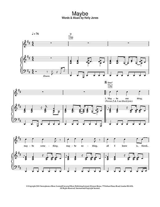 Preview Stereophonics Maybe Rock sheet music, notes and chords for Piano, Vocal & Guitar, SKU: 20039 sheet music, piano notes, chords, guitar tabs, score, transpose, transcribe, how to play, guide, download, learn, tutorial, progression, song, artist, awards, billboard, mtv, vh1, tour, single, album, release