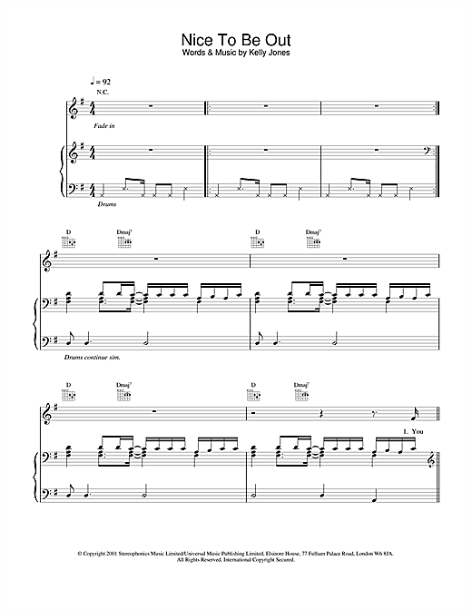 Preview Stereophonics Nice To Be Out Rock sheet music, notes and chords for Violin, SKU: 20041 sheet music, piano notes, chords, guitar tabs, score, transpose, transcribe, how to play, guide, download, learn, tutorial, progression, song, artist, awards, billboard, mtv, vh1, tour, single, album, release