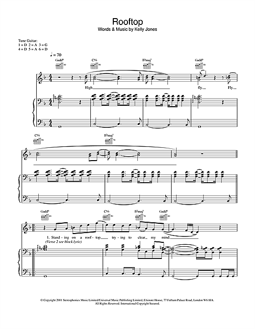 Preview Stereophonics Rooftop Rock sheet music, notes and chords for Piano, Vocal & Guitar, SKU: 20042 sheet music, piano notes, chords, guitar tabs, score, transpose, transcribe, how to play, guide, download, learn, tutorial, progression, song, artist, awards, billboard, mtv, vh1, tour, single, album, release
