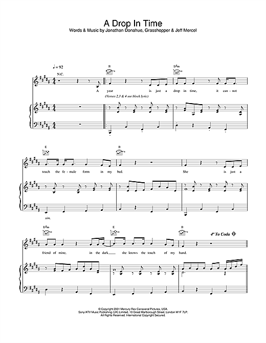 Preview Mercury Rev A Drop In Time Rock sheet music, notes and chords for Piano, Vocal & Guitar, SKU: 20047 sheet music, piano notes, chords, guitar tabs, score, transpose, transcribe, how to play, guide, download, learn, tutorial, progression, song, artist, awards, billboard, mtv, vh1, tour, single, album, release