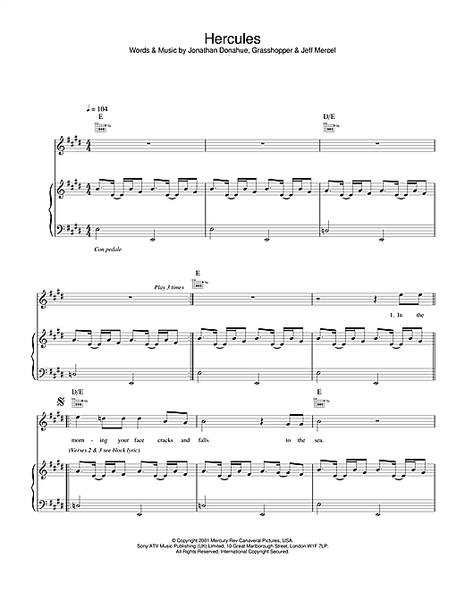 Preview Mercury Rev Hercules Rock sheet music, notes and chords for Piano, Vocal & Guitar, SKU: 20049 sheet music, piano notes, chords, guitar tabs, score, transpose, transcribe, how to play, guide, download, learn, tutorial, progression, song, artist, awards, billboard, mtv, vh1, tour, single, album, release