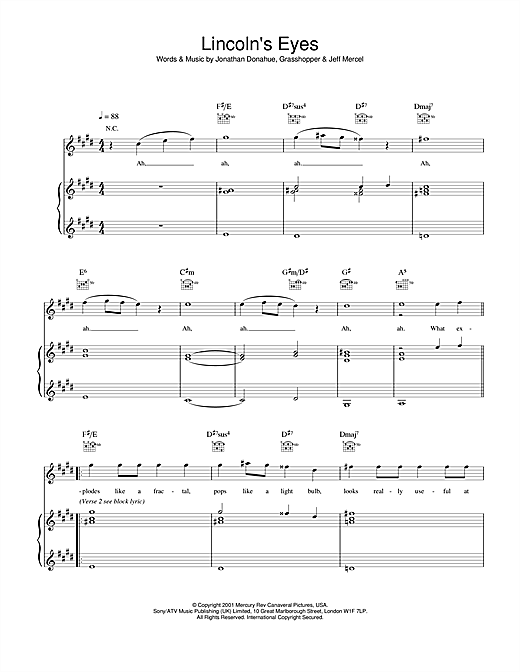 Preview Mercury Rev Lincoln's Eyes Rock sheet music, notes and chords for Piano, Vocal & Guitar, SKU: 20050 sheet music, piano notes, chords, guitar tabs, score, transpose, transcribe, how to play, guide, download, learn, tutorial, progression, song, artist, awards, billboard, mtv, vh1, tour, single, album, release