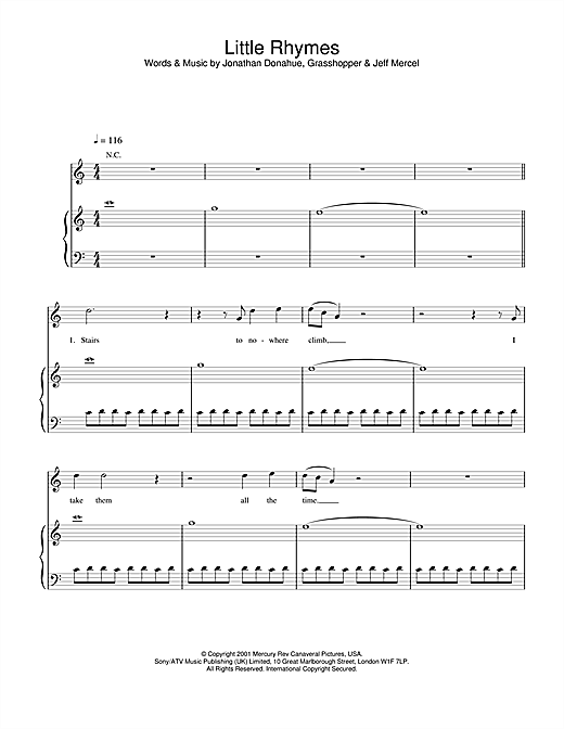 Preview Mercury Rev Little Rhymes Rock sheet music, notes and chords for Piano, Vocal & Guitar, SKU: 20051 sheet music, piano notes, chords, guitar tabs, score, transpose, transcribe, how to play, guide, download, learn, tutorial, progression, song, artist, awards, billboard, mtv, vh1, tour, single, album, release