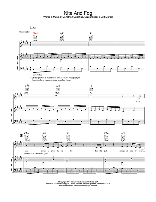 Preview Mercury Rev Nite And Fog Rock sheet music, notes and chords for Piano, Vocal & Guitar, SKU: 20052 sheet music, piano notes, chords, guitar tabs, score, transpose, transcribe, how to play, guide, download, learn, tutorial, progression, song, artist, awards, billboard, mtv, vh1, tour, single, album, release