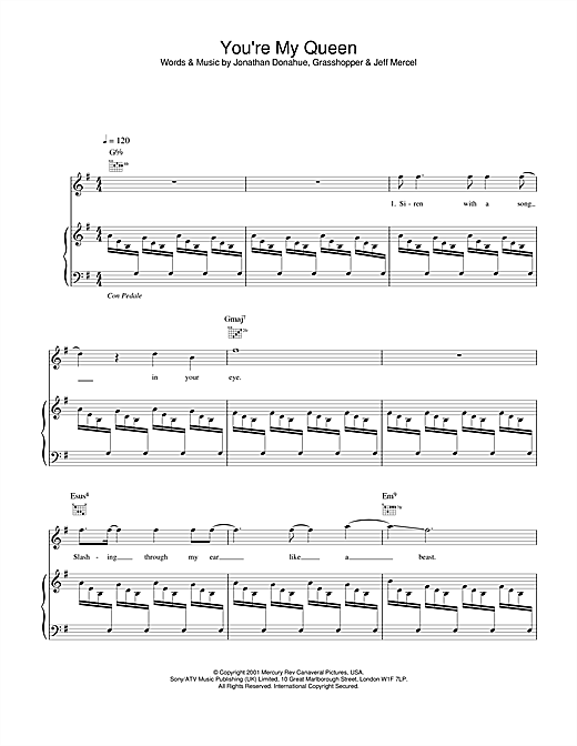Preview Mercury Rev You're My Queen Rock sheet music, notes and chords for Piano, Vocal & Guitar, SKU: 20057 sheet music, piano notes, chords, guitar tabs, score, transpose, transcribe, how to play, guide, download, learn, tutorial, progression, song, artist, awards, billboard, mtv, vh1, tour, single, album, release