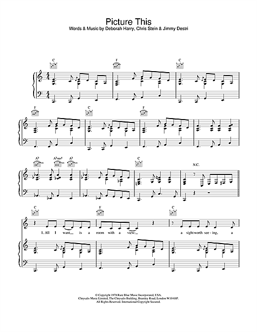 Preview Blondie Picture This Pop sheet music, notes and chords for Piano, Vocal & Guitar, SKU: 20060 sheet music, piano notes, chords, guitar tabs, score, transpose, transcribe, how to play, guide, download, learn, tutorial, progression, song, artist, awards, billboard, mtv, vh1, tour, single, album, release