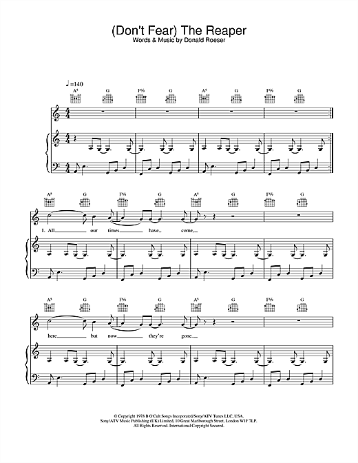 Preview Blue Oyster Cult (Don't Fear) The Reaper Rock sheet music, notes and chords for Piano, Vocal & Guitar, SKU: 20061 sheet music, piano notes, chords, guitar tabs, score, transpose, transcribe, how to play, guide, download, learn, tutorial, progression, song, artist, awards, billboard, mtv, vh1, tour, single, album, release