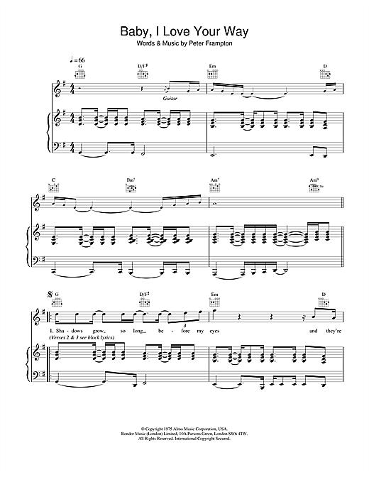 Preview Peter Frampton Baby, I Love Your Way Rock sheet music, notes and chords for Piano, Vocal & Guitar, SKU: 20062 sheet music, piano notes, chords, guitar tabs, score, transpose, transcribe, how to play, guide, download, learn, tutorial, progression, song, artist, awards, billboard, mtv, vh1, tour, single, album, release
