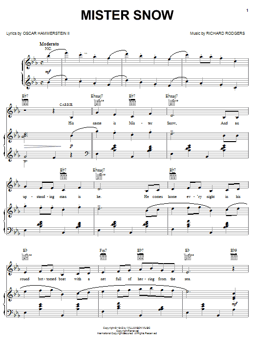 Preview Rodgers & Hammerstein Mister Snow Broadway sheet music, notes and chords for Piano, Vocal & Guitar (Right-Hand Melody), SKU: 20085 sheet music, piano notes, chords, guitar tabs, score, transpose, transcribe, how to play, guide, download, learn, tutorial, progression, song, artist, awards, billboard, mtv, vh1, tour, single, album, release