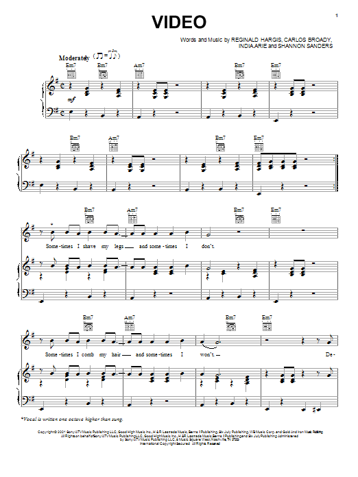 Preview India.Arie Video Pop sheet music, notes and chords for Piano, Vocal & Guitar (Right-Hand Melody), SKU: 20097 sheet music, piano notes, chords, guitar tabs, score, transpose, transcribe, how to play, guide, download, learn, tutorial, progression, song, artist, awards, billboard, mtv, vh1, tour, single, album, release