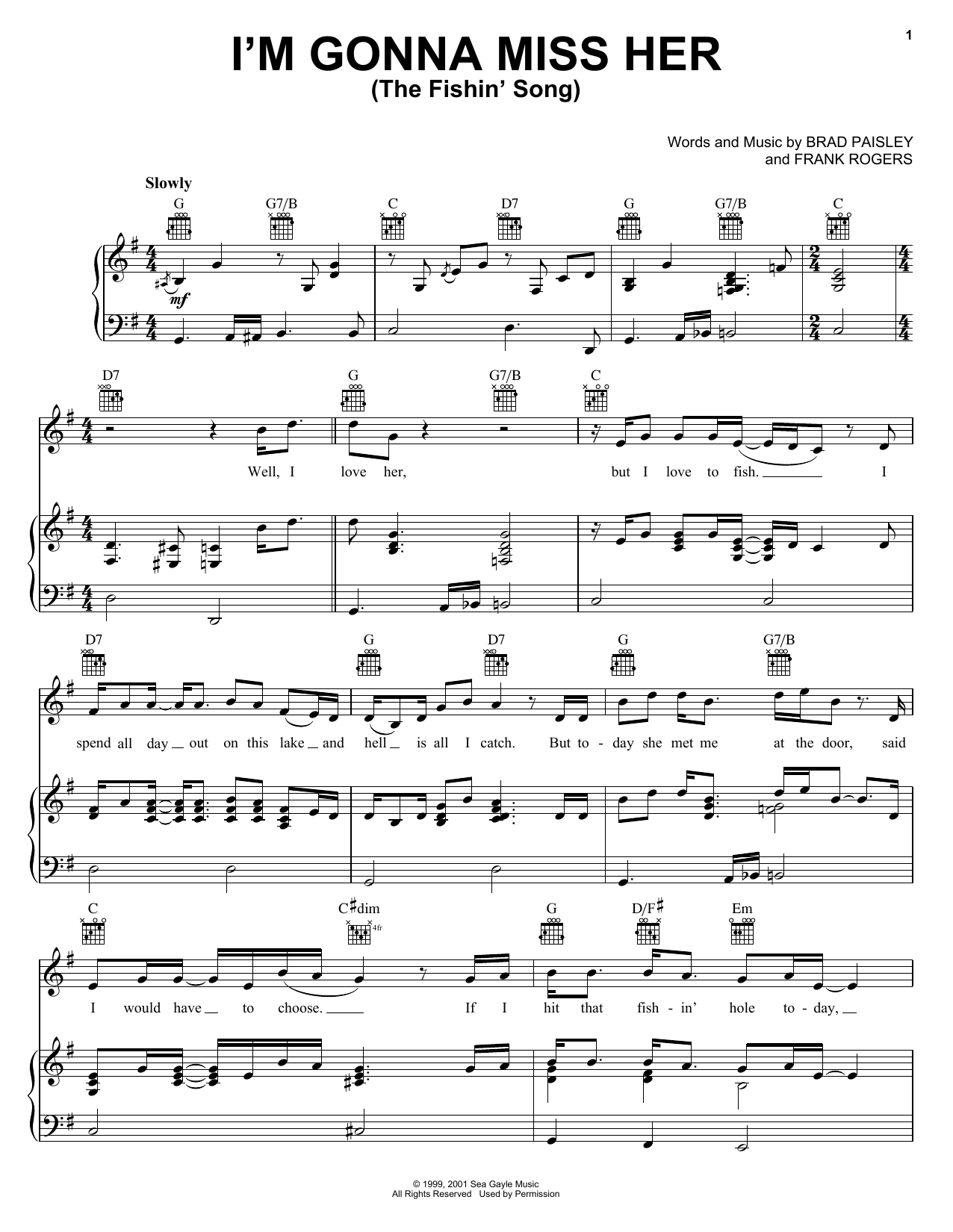 Preview Brad Paisley I'm Gonna Miss Her (The Fishin' Song) Pop sheet music, notes and chords for Piano, Vocal & Guitar (Right-Hand Melody), SKU: 20100 sheet music, piano notes, chords, guitar tabs, score, transpose, transcribe, how to play, guide, download, learn, tutorial, progression, song, artist, awards, billboard, mtv, vh1, tour, single, album, release