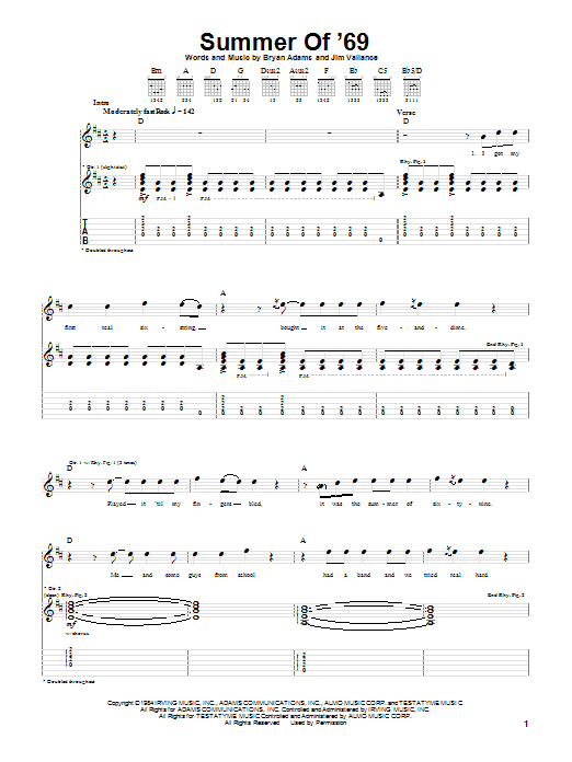 Preview Bryan Adams Summer Of '69 Rock sheet music, notes and chords for Guitar Tab, SKU: 20108 sheet music, piano notes, chords, guitar tabs, score, transpose, transcribe, how to play, guide, download, learn, tutorial, progression, song, artist, awards, billboard, mtv, vh1, tour, single, album, release