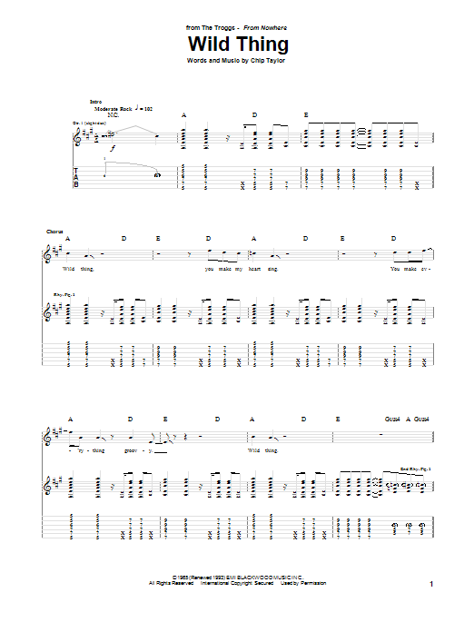 Preview The Troggs Wild Thing Rock sheet music, notes and chords for Guitar Tab, SKU: 20111 sheet music, piano notes, chords, guitar tabs, score, transpose, transcribe, how to play, guide, download, learn, tutorial, progression, song, artist, awards, billboard, mtv, vh1, tour, single, album, release