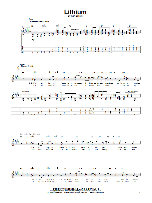 Preview Nirvana Lithium Rock sheet music, notes and chords for Guitar Tab, SKU: 20125 sheet music, piano notes, chords, guitar tabs, score, transpose, transcribe, how to play, guide, download, learn, tutorial, progression, song, artist, awards, billboard, mtv, vh1, tour, single, album, release