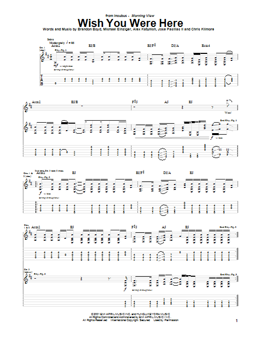 Preview Incubus Wish You Were Here Rock sheet music, notes and chords for Guitar Tab, SKU: 20131 sheet music, piano notes, chords, guitar tabs, score, transpose, transcribe, how to play, guide, download, learn, tutorial, progression, song, artist, awards, billboard, mtv, vh1, tour, single, album, release