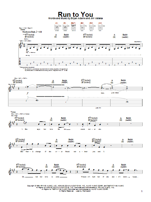 Preview Bryan Adams Run To You Rock sheet music, notes and chords for Guitar Tab, SKU: 20134 sheet music, piano notes, chords, guitar tabs, score, transpose, transcribe, how to play, guide, download, learn, tutorial, progression, song, artist, awards, billboard, mtv, vh1, tour, single, album, release