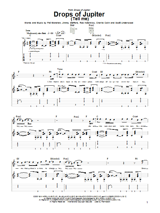 Preview Train Drops Of Jupiter (Tell Me) Rock sheet music, notes and chords for Guitar Tab, SKU: 20136 sheet music, piano notes, chords, guitar tabs, score, transpose, transcribe, how to play, guide, download, learn, tutorial, progression, song, artist, awards, billboard, mtv, vh1, tour, single, album, release