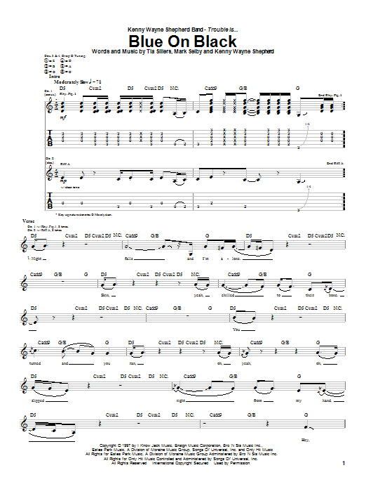 Preview Kenny Wayne Shepherd Blue On Black Pop sheet music, notes and chords for Guitar Tab, SKU: 20141 sheet music, piano notes, chords, guitar tabs, score, transpose, transcribe, how to play, guide, download, learn, tutorial, progression, song, artist, awards, billboard, mtv, vh1, tour, single, album, release
