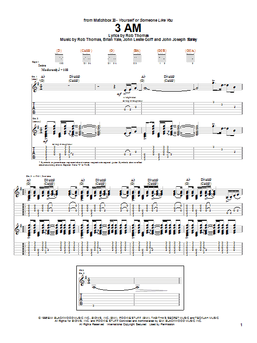 Preview Matchbox Twenty 3 AM Rock sheet music, notes and chords for Guitar Tab, SKU: 20143 sheet music, piano notes, chords, guitar tabs, score, transpose, transcribe, how to play, guide, download, learn, tutorial, progression, song, artist, awards, billboard, mtv, vh1, tour, single, album, release