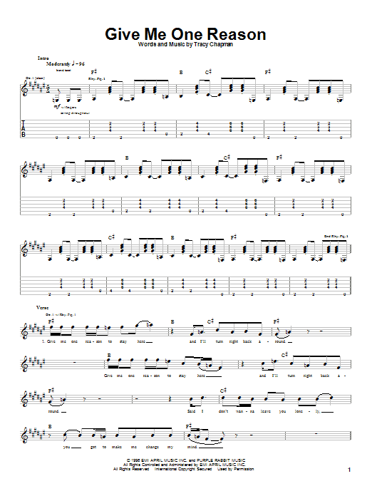 Preview Tracy Chapman Give Me One Reason Pop sheet music, notes and chords for Guitar Tab, SKU: 20147 sheet music, piano notes, chords, guitar tabs, score, transpose, transcribe, how to play, guide, download, learn, tutorial, progression, song, artist, awards, billboard, mtv, vh1, tour, single, album, release