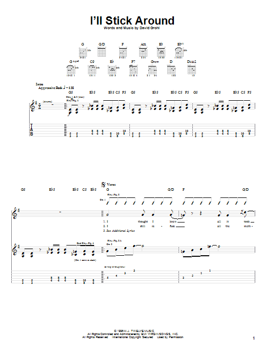 Preview Foo Fighters I'll Stick Around Pop sheet music, notes and chords for Guitar Tab, SKU: 20150 sheet music, piano notes, chords, guitar tabs, score, transpose, transcribe, how to play, guide, download, learn, tutorial, progression, song, artist, awards, billboard, mtv, vh1, tour, single, album, release
