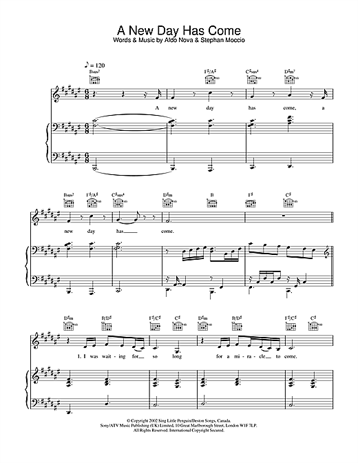 Preview Celine Dion A New Day Has Come Pop sheet music, notes and chords for Piano, Vocal & Guitar, SKU: 20153 sheet music, piano notes, chords, guitar tabs, score, transpose, transcribe, how to play, guide, download, learn, tutorial, progression, song, artist, awards, billboard, mtv, vh1, tour, single, album, release