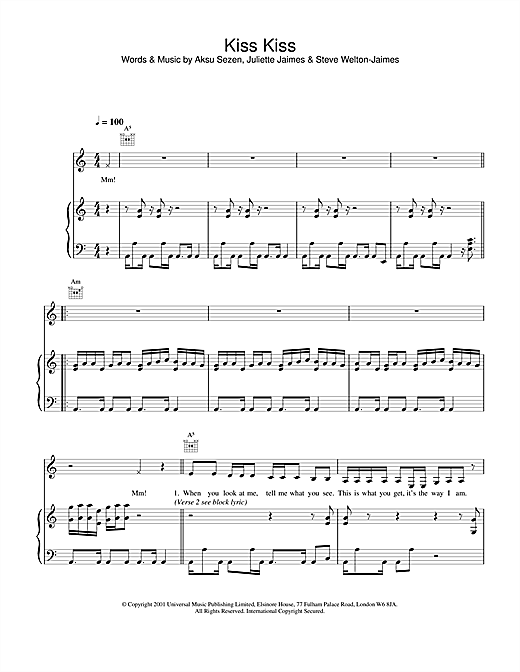 Preview Holly Valance Kiss Kiss Pop sheet music, notes and chords for Piano, Vocal & Guitar, SKU: 20154 sheet music, piano notes, chords, guitar tabs, score, transpose, transcribe, how to play, guide, download, learn, tutorial, progression, song, artist, awards, billboard, mtv, vh1, tour, single, album, release