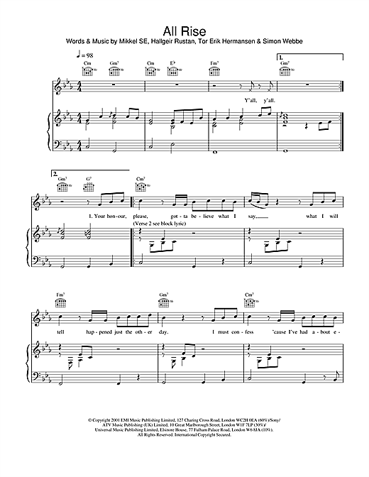 Preview Blue All Rise Pop sheet music, notes and chords for Piano, Vocal & Guitar, SKU: 20155 sheet music, piano notes, chords, guitar tabs, score, transpose, transcribe, how to play, guide, download, learn, tutorial, progression, song, artist, awards, billboard, mtv, vh1, tour, single, album, release