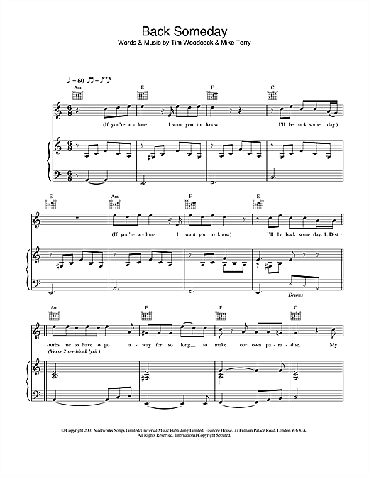 Preview Blue Back Someday Pop sheet music, notes and chords for Piano, Vocal & Guitar, SKU: 20156 sheet music, piano notes, chords, guitar tabs, score, transpose, transcribe, how to play, guide, download, learn, tutorial, progression, song, artist, awards, billboard, mtv, vh1, tour, single, album, release