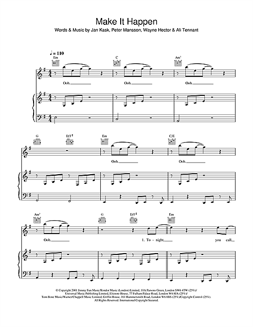 Preview Blue Make It Happen Pop sheet music, notes and chords for Piano, Vocal & Guitar, SKU: 20162 sheet music, piano notes, chords, guitar tabs, score, transpose, transcribe, how to play, guide, download, learn, tutorial, progression, song, artist, awards, billboard, mtv, vh1, tour, single, album, release