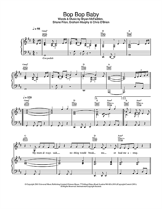 Preview Westlife Bop Bop Baby Pop sheet music, notes and chords for Piano, Vocal & Guitar, SKU: 20166 sheet music, piano notes, chords, guitar tabs, score, transpose, transcribe, how to play, guide, download, learn, tutorial, progression, song, artist, awards, billboard, mtv, vh1, tour, single, album, release