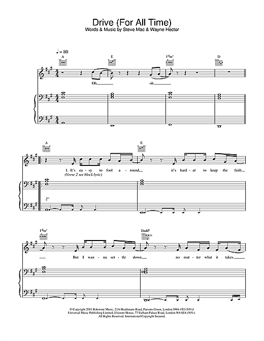 Preview Westlife Drive (For All Time) Pop sheet music, notes and chords for Piano, Vocal & Guitar, SKU: 20168 sheet music, piano notes, chords, guitar tabs, score, transpose, transcribe, how to play, guide, download, learn, tutorial, progression, song, artist, awards, billboard, mtv, vh1, tour, single, album, release
