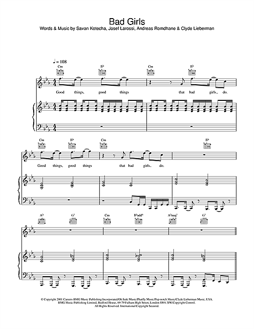 Preview Westlife Bad Girls Pop sheet music, notes and chords for Piano, Vocal & Guitar, SKU: 20170 sheet music, piano notes, chords, guitar tabs, score, transpose, transcribe, how to play, guide, download, learn, tutorial, progression, song, artist, awards, billboard, mtv, vh1, tour, single, album, release