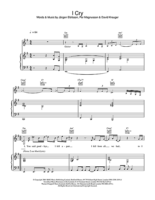 Preview Westlife I Cry Pop sheet music, notes and chords for Piano, Vocal & Guitar, SKU: 20171 sheet music, piano notes, chords, guitar tabs, score, transpose, transcribe, how to play, guide, download, learn, tutorial, progression, song, artist, awards, billboard, mtv, vh1, tour, single, album, release
