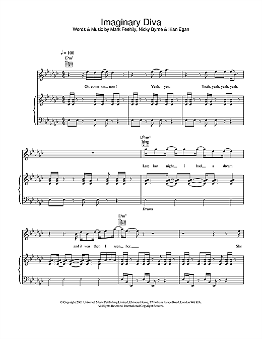 Preview Westlife Imaginary Diva Pop sheet music, notes and chords for Piano, Vocal & Guitar, SKU: 20173 sheet music, piano notes, chords, guitar tabs, score, transpose, transcribe, how to play, guide, download, learn, tutorial, progression, song, artist, awards, billboard, mtv, vh1, tour, single, album, release