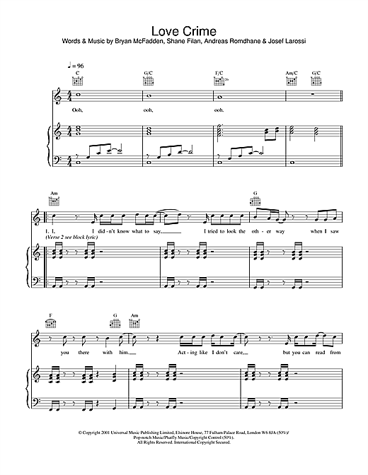 Preview Westlife Love Crime Pop sheet music, notes and chords for Piano, Vocal & Guitar, SKU: 20174 sheet music, piano notes, chords, guitar tabs, score, transpose, transcribe, how to play, guide, download, learn, tutorial, progression, song, artist, awards, billboard, mtv, vh1, tour, single, album, release