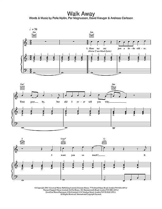 Preview Westlife Walk Away Pop sheet music, notes and chords for Piano, Vocal & Guitar, SKU: 20176 sheet music, piano notes, chords, guitar tabs, score, transpose, transcribe, how to play, guide, download, learn, tutorial, progression, song, artist, awards, billboard, mtv, vh1, tour, single, album, release