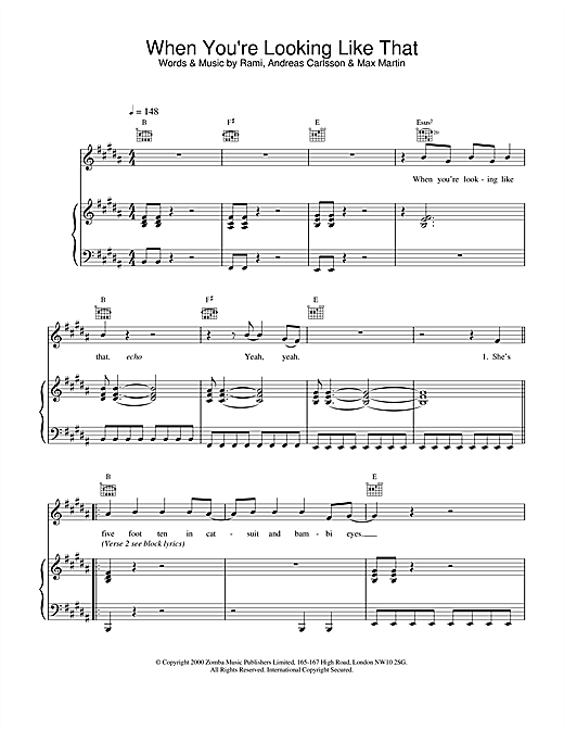 Preview Westlife When You're Looking Like That Pop sheet music, notes and chords for Piano, Vocal & Guitar, SKU: 20178 sheet music, piano notes, chords, guitar tabs, score, transpose, transcribe, how to play, guide, download, learn, tutorial, progression, song, artist, awards, billboard, mtv, vh1, tour, single, album, release