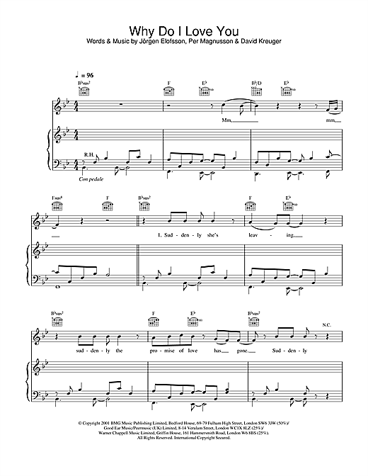 Preview Westlife Why Do I Love You Pop sheet music, notes and chords for Piano, Vocal & Guitar, SKU: 20179 sheet music, piano notes, chords, guitar tabs, score, transpose, transcribe, how to play, guide, download, learn, tutorial, progression, song, artist, awards, billboard, mtv, vh1, tour, single, album, release