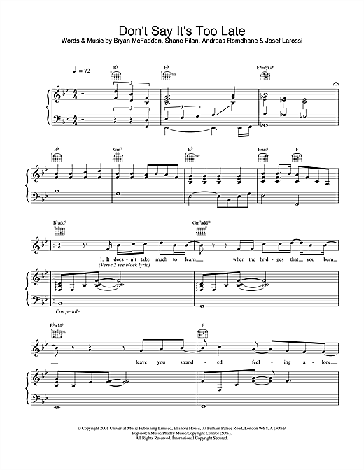 Preview Westlife Don't Say It's Too Late Pop sheet music, notes and chords for Piano, Vocal & Guitar, SKU: 20181 sheet music, piano notes, chords, guitar tabs, score, transpose, transcribe, how to play, guide, download, learn, tutorial, progression, song, artist, awards, billboard, mtv, vh1, tour, single, album, release